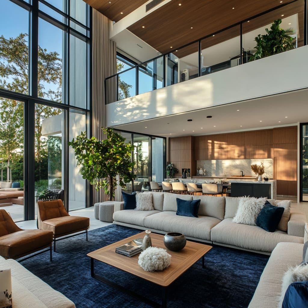 Luxury double-height living area featuring soaring ceilings, floor-to-ceiling glazing, designer chandelier, premium marble finishes, and sophisticated contemporary interiors that maximize natural light and spatial grandeur.