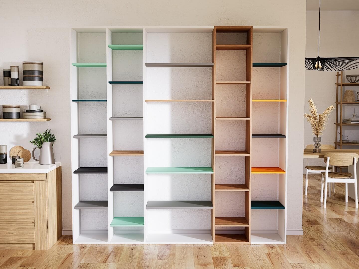 Modern vertical storage solutions designed to maximize space utilization with custom shelving, wall-mounted cabinets, smart organization systems, and luxury interior aesthetics.