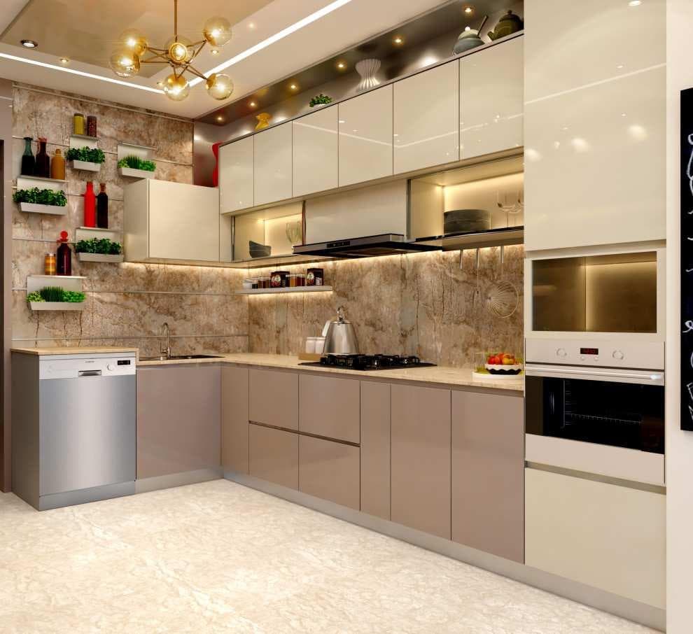 Modern L-shaped kitchen design featuring efficient space utilization, premium cabinetry, smart storage solutions, elegant countertops, and contemporary luxury interiors.
