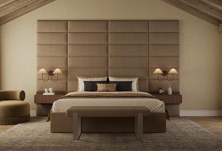 Luxury bed back panel designs featuring upholstered finishes, wooden textures, decorative wall panels, ambient lighting, and modern bedroom aesthetics.