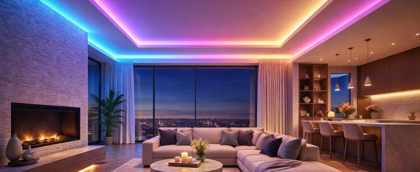 Luxury mood lighting solutions featuring ambient illumination, LED strip lighting, accent lighting, smart controls, and elegant interior atmosphere enhancement.