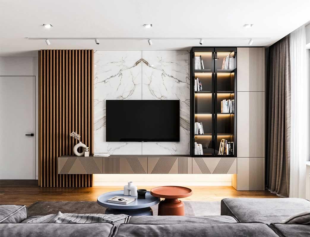 Modern wall-mounted TV unit design featuring premium finishes, integrated storage, ambient lighting, and elegant entertainment space solutions for contemporary homes.