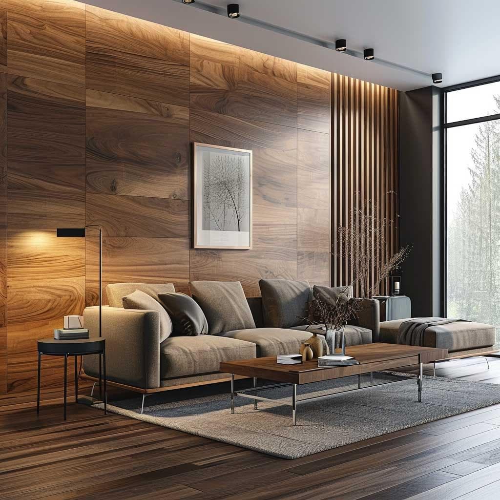 Luxury wooden panel unit design featuring premium wood finishes, decorative wall paneling, integrated storage solutions, and contemporary interior aesthetics.