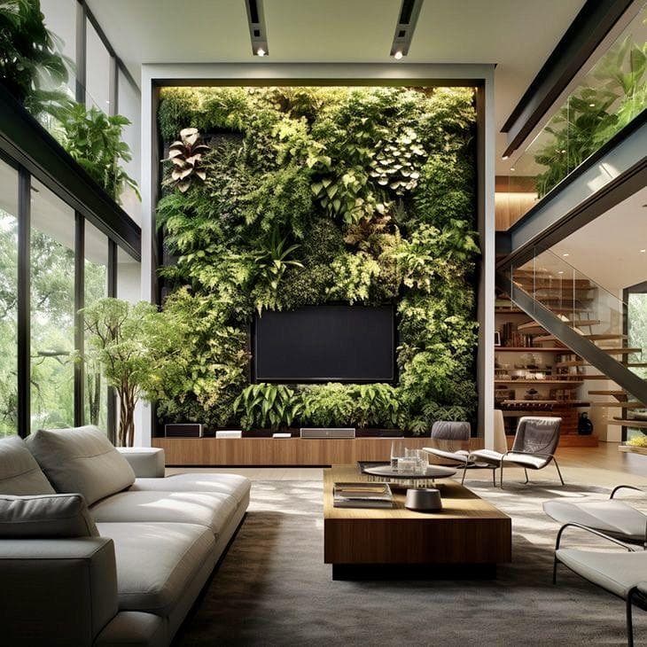 Luxury vertical garden design featuring living green walls, decorative planters, sustainable landscaping, and modern biophilic interior and exterior spaces.
