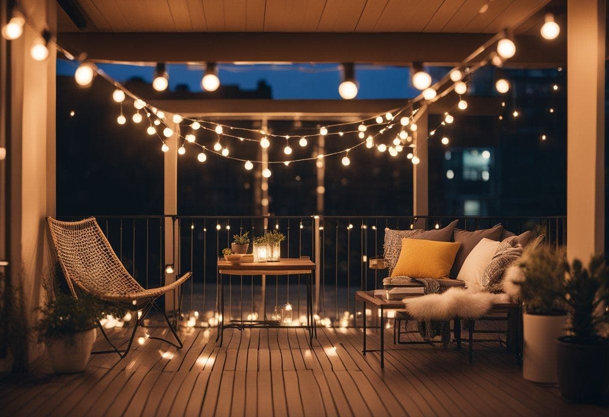 Luxury café-style balcony design featuring cozy seating arrangements, decorative lighting, stylish furniture, greenery, and elegant outdoor living aesthetics.