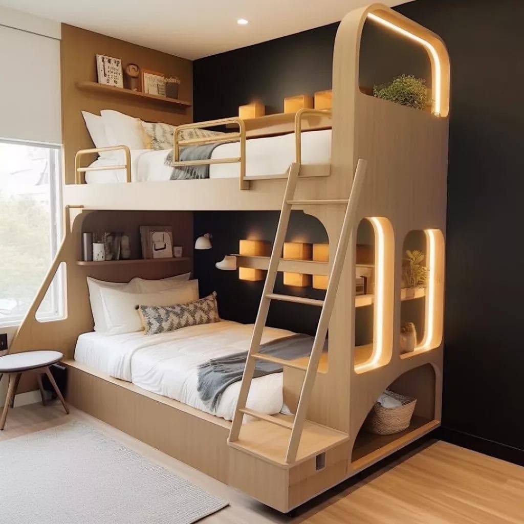 Modern bunk bed design for kids bedroom with study table, storage drawers, wooden finish, safety rails and playful interior design.