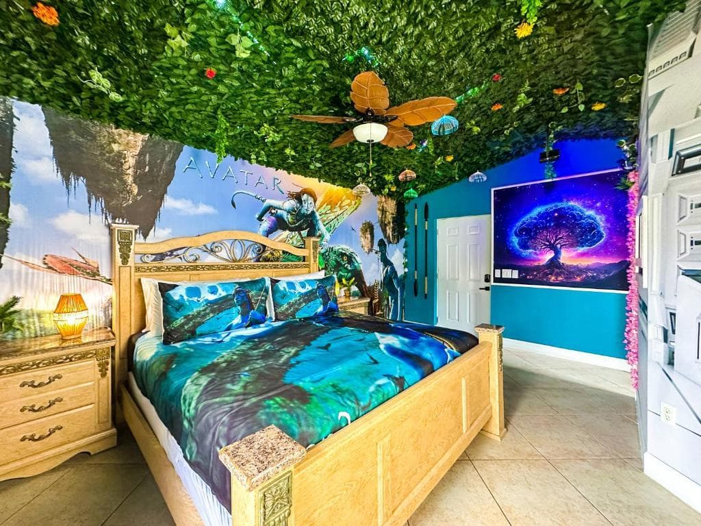 Theme based kids bedroom interior featuring superhero, princess, space and cartoon themes with customized furniture and modern decor.
