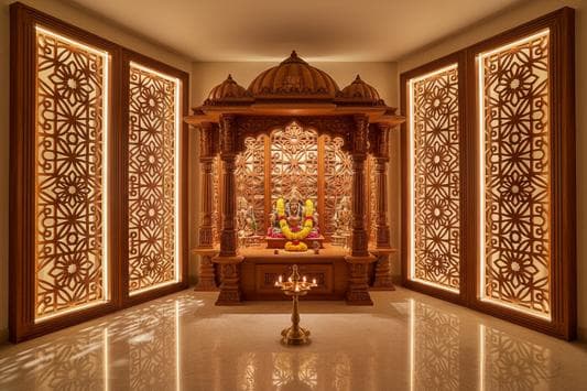 Luxury pooja room design featuring elegant mandir units, traditional craftsmanship, spiritual décor, premium materials, and serene worship spaces.