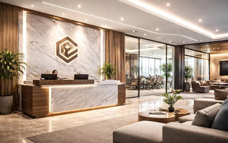 Professional branding and signage solutions featuring custom signage, illuminated displays, brand identity elements, wayfinding systems, and modern commercial interiors.