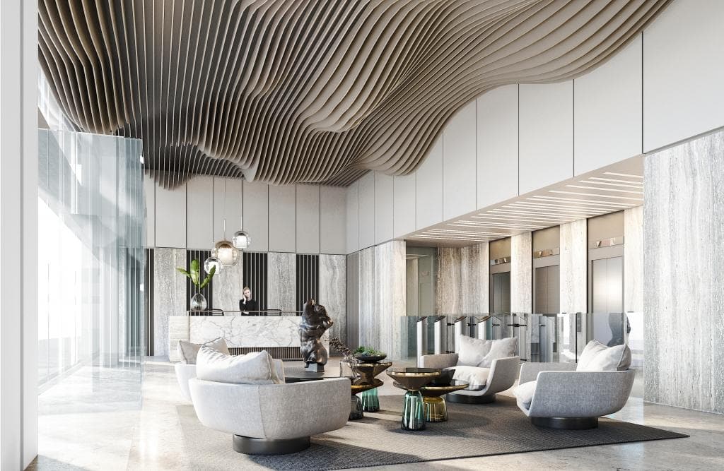 Modern reception and waiting area design featuring elegant seating, reception desks, premium finishes, ambient lighting, and welcoming commercial interiors.