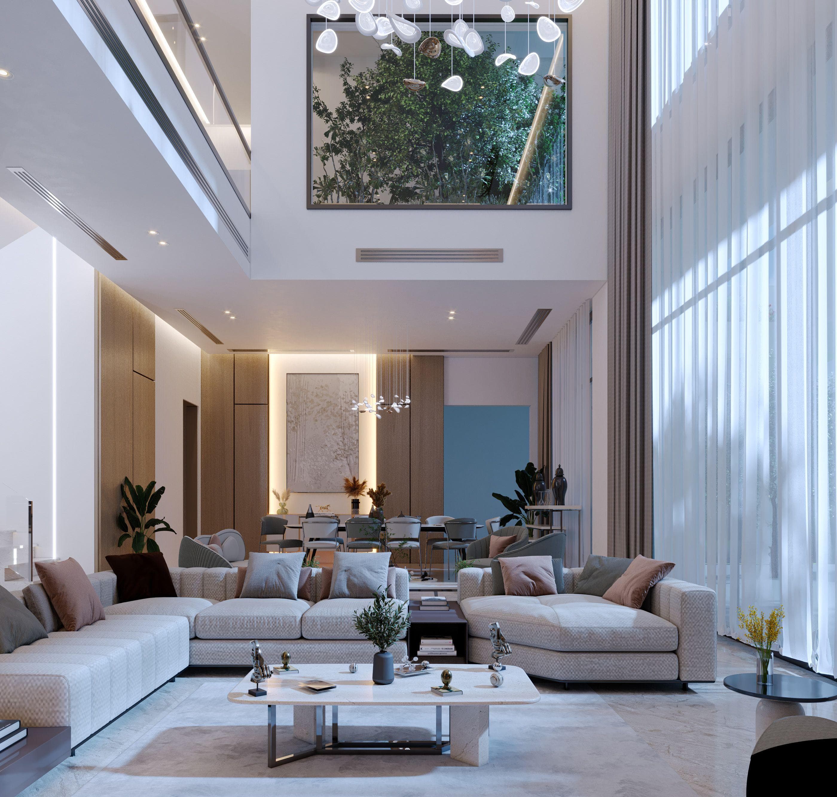 Luxury glass villa interior design in Delhi with double height living room and premium decor