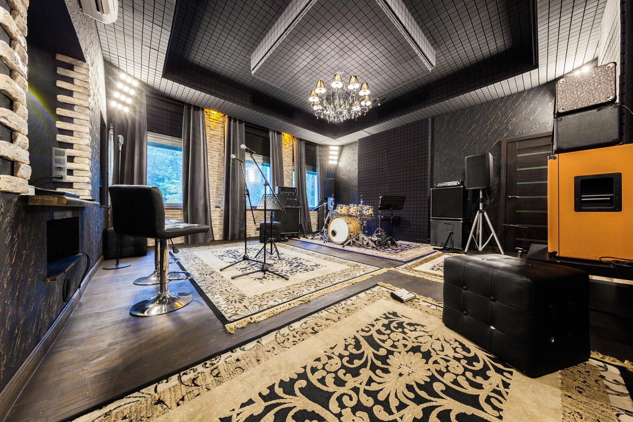Luxury content creator studio interior design in Noida with modern recording setup and ambient lighting