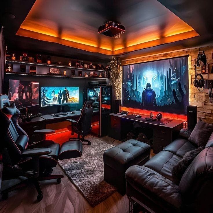 Modern gaming room interior design in Noida with RGB lighting and premium gaming setup