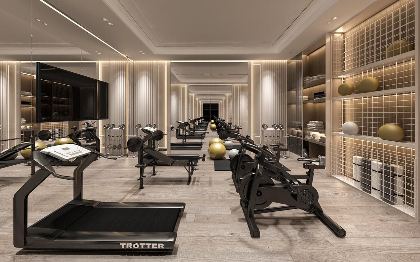 Luxury fitness studio interior design in Noida with modern gym lighting and premium workout space