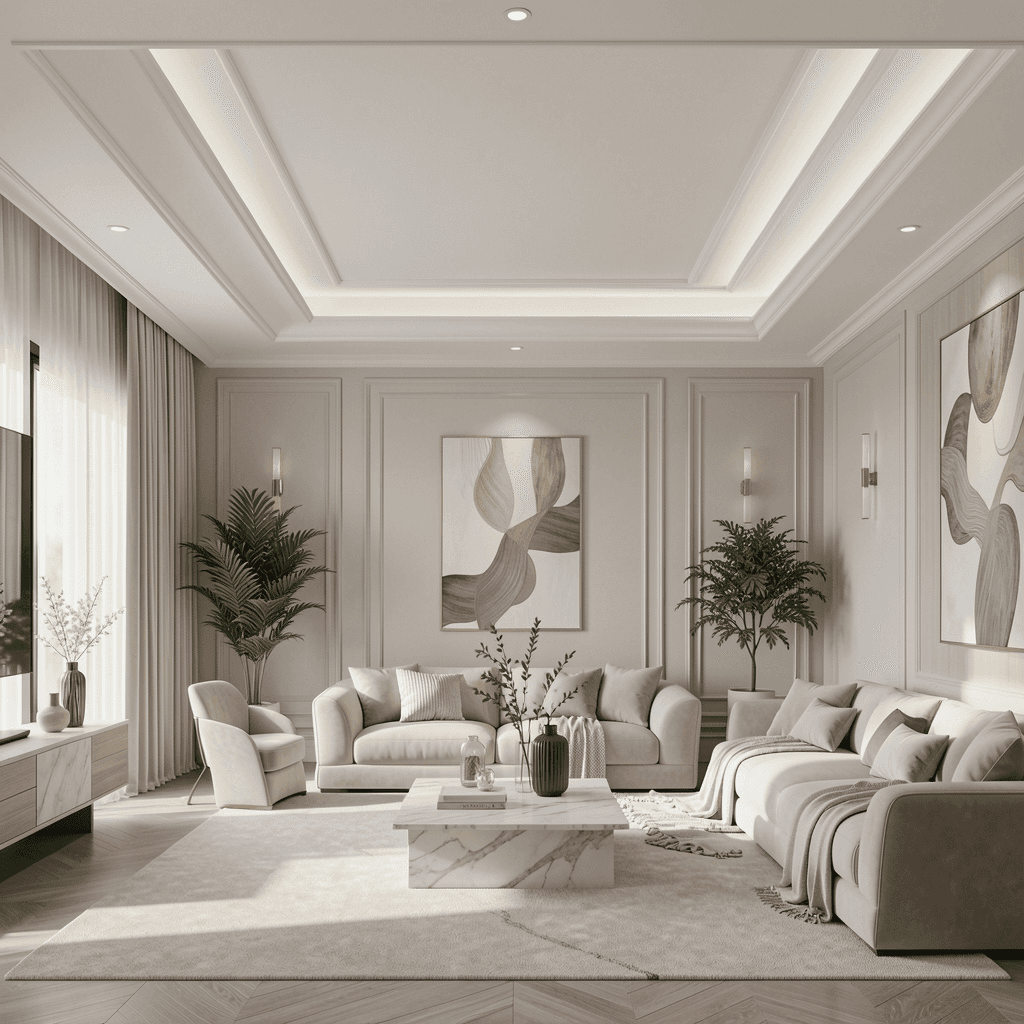 Elegant residential space featuring bespoke lighting and minimalist decor