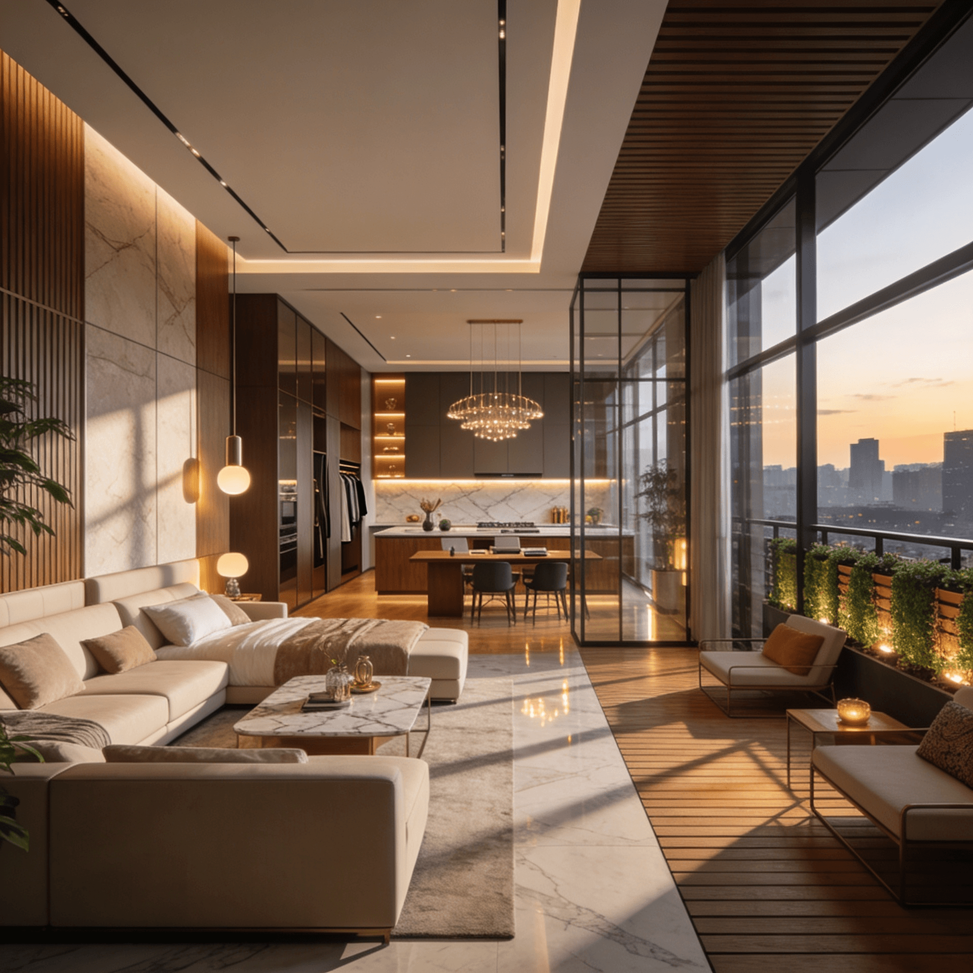 Luxury modern living room with floor-to-ceiling windows and premium furniture