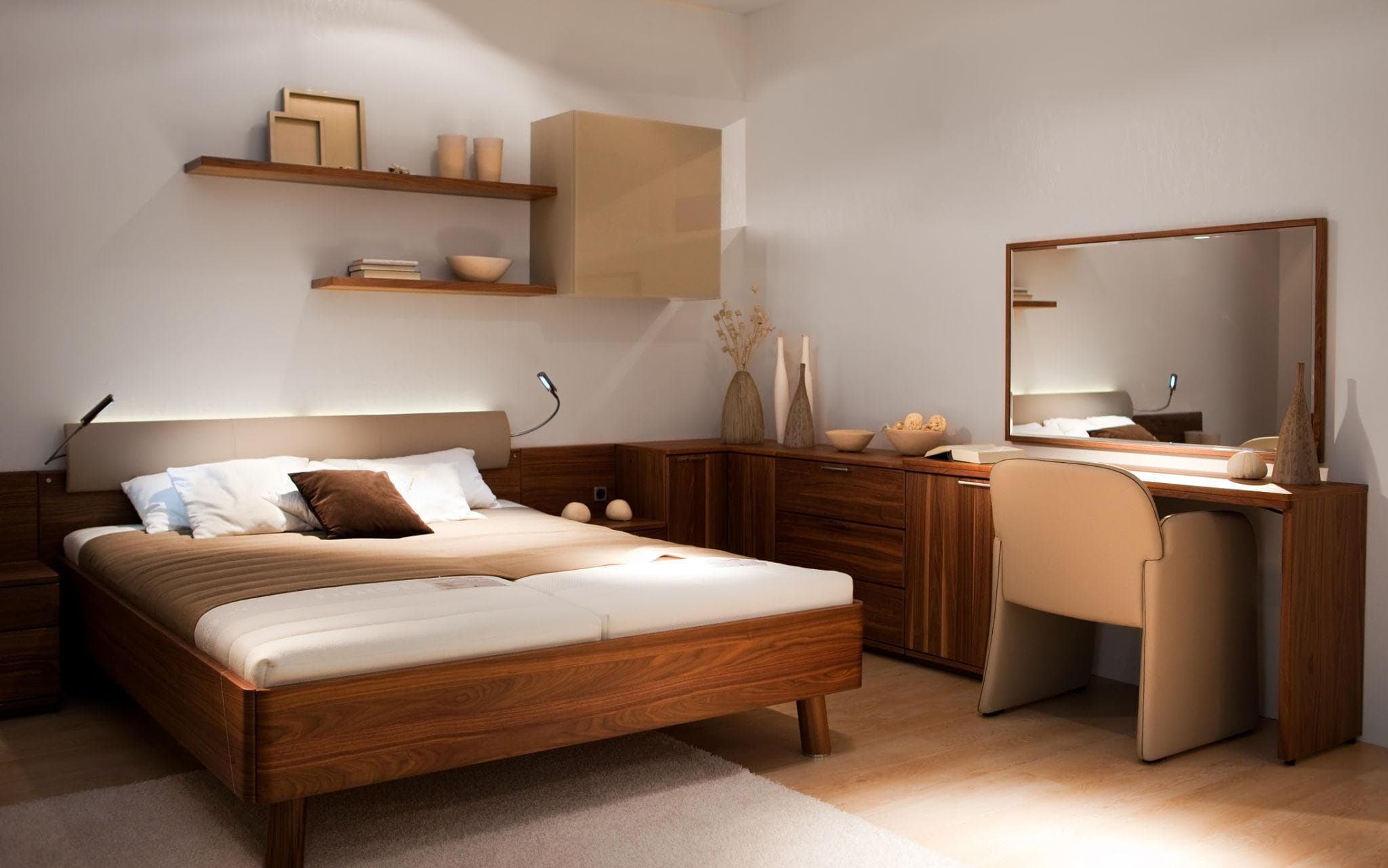Modern master bedroom interior with luxury decor and ambient lighting
